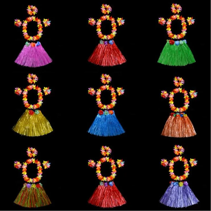 

2022 New Women Girls Thicken Hawaii Luau Hula Skirt Wristbands Garland Wreath Headband Tropical Summer Holiday Party Favor