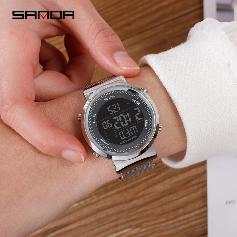 

Sanda new mesh belt men's electronic watch Korean version of the simple trend of casual waterproof girls watch couple watch