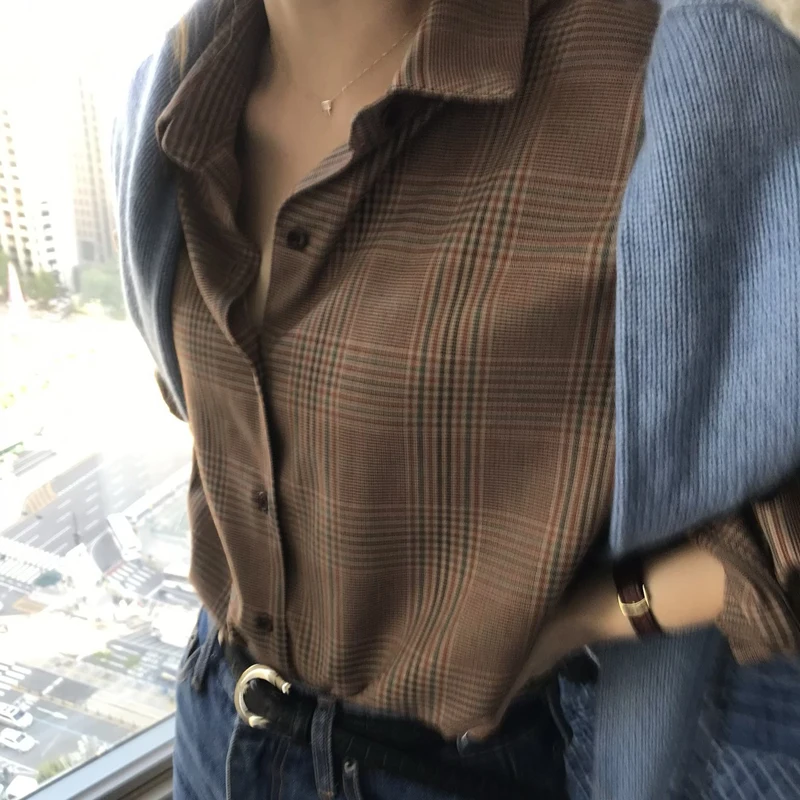 

Alien Kitty 2021 New Retro Elegant Women Blouses Chic Casual Plaid Shirts Coat Female Loose Long Sleeve Tops Blusas Office Lady