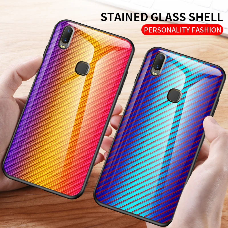 ДЛЯ VIVO Y11 2019 чехол из твердого закаленного стекла Модный градиентный углеродного