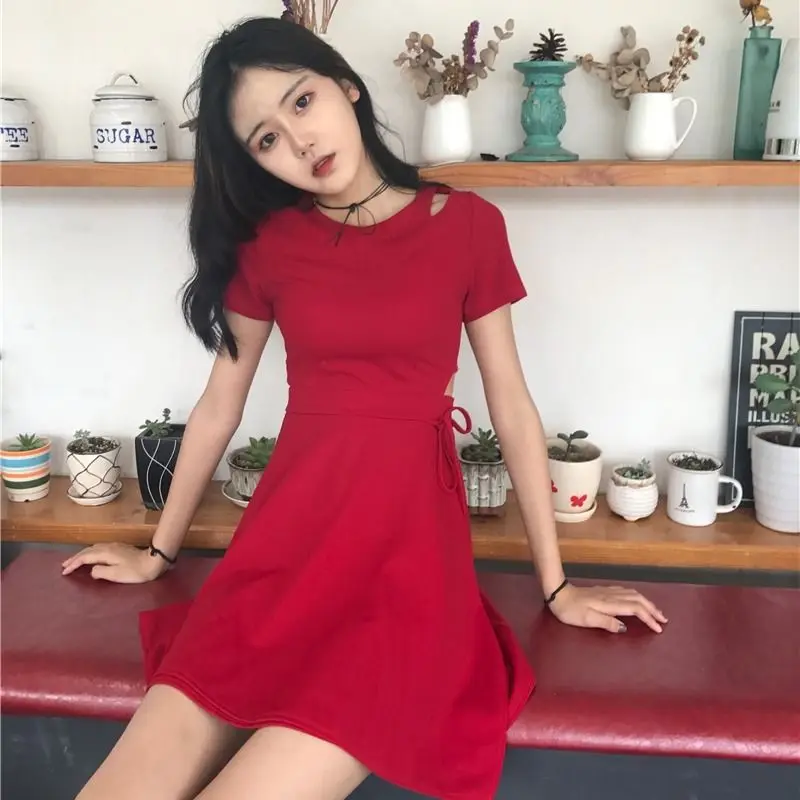 

HOUZHOU Sexy Black Cut Out Ties Crossed Short Sleeve Wrap Mini Dress Bodycon High Street Vestito Da Donna Club Outfits for Women