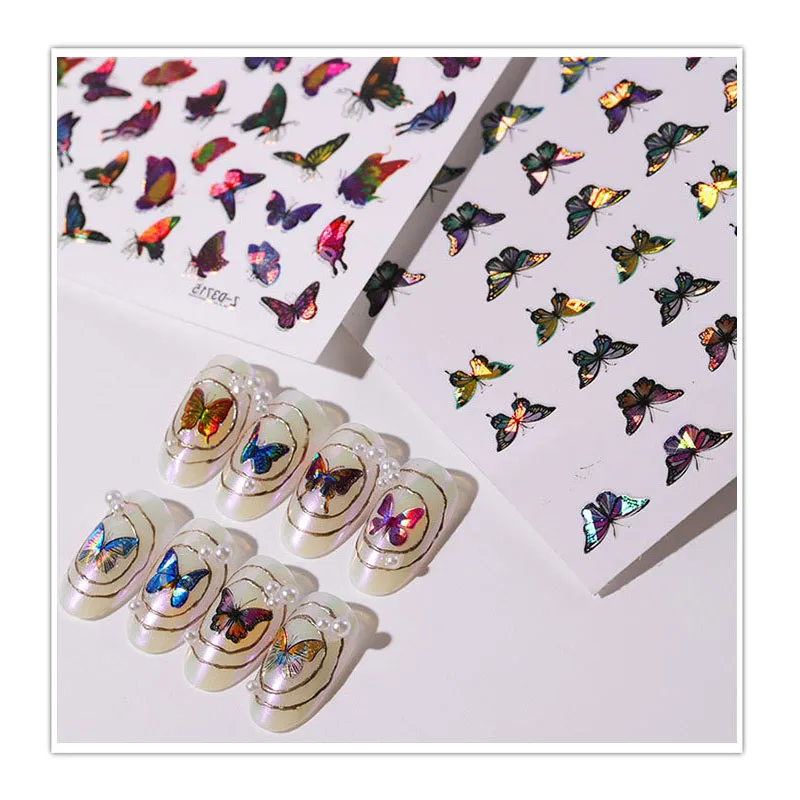 

3D back glue Butterfly laser Nail Art Stickers Adhesive Sliders Colorful Flowers Nail Foils Wraps Decorations