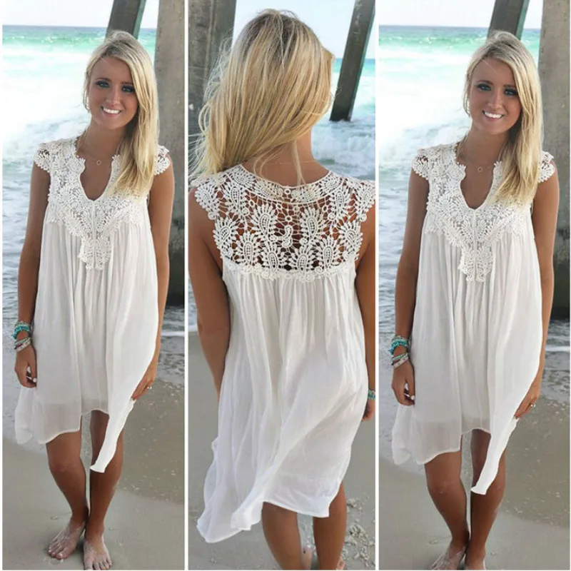 

Женское кружевное платье с открытой спиной, повседневное свободное платье-мини с глубоким V-образным вырезом, Пляжное лоскутное платье боль...
