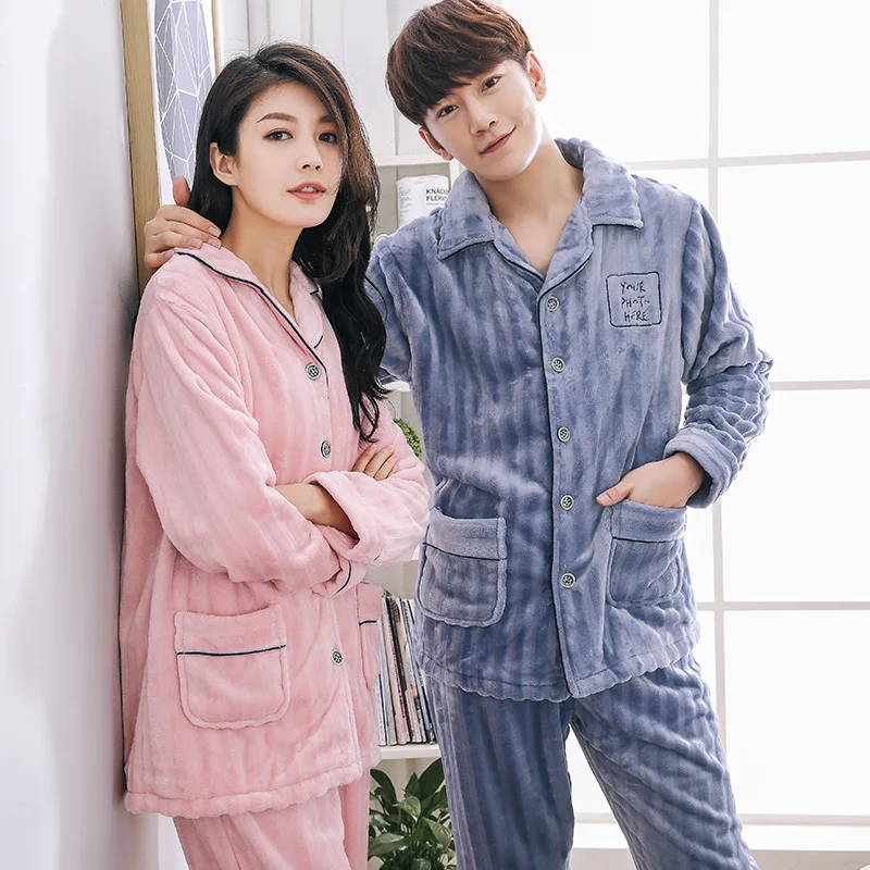 Коралловая флисовая пара пижам для мужчин и женщин зимний плотный простой