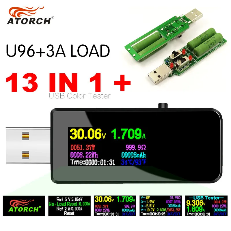 ATORCH тестер USB+ нагрузка постоянного тока цифровой вольтметр amperimetro зарядного устройства power bank charger, Индикатор автомобиля напряжение переменного тока измеритель - Цвет: Black U96