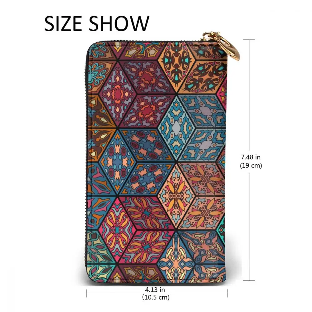 

Long Clutch Wallet Boho Floral Mandala Cube Large Capacity Leather Purse Zipper Pocket Card Holder for Woman Man