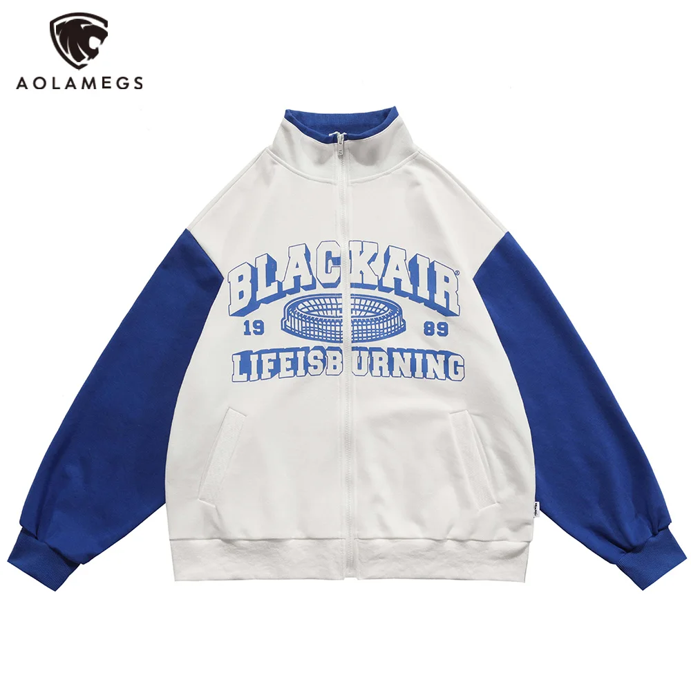 

Aolamegs Patchwork Color Letter Print Zipper Jackets Men Pocket Casual Retro Fashion Oversized Stand Collar Coats Couple Outwear