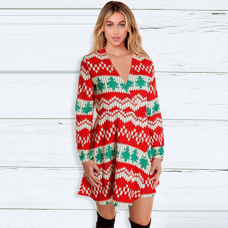 Женское рождественское платье с длинным рукавом V образным вырезом и
