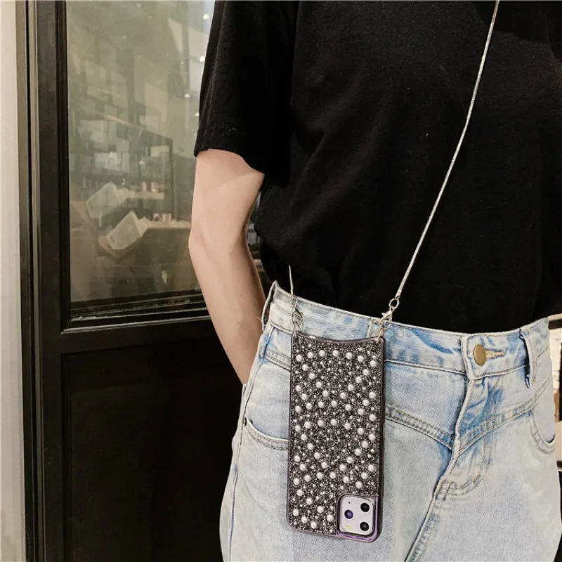 

Fashion Pearl lanyard shiny phone case for iPhone11 12Pro Max mini X XR XS XSMax 8 7 6PluS anti-drop protective back cover New