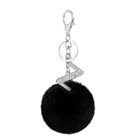 26 letters black pompon fur ball keychain creative small gift pendant alloy rhinestone alphabet key chain key ring