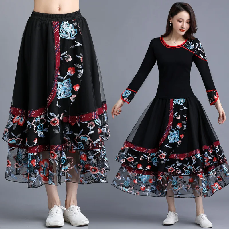 

Spring autumn Folk-Custom Elastic Waist Gauze A-Line Skirt Elegant Embroidery Skirts Exotic Female Skirts Loose and Comfortable