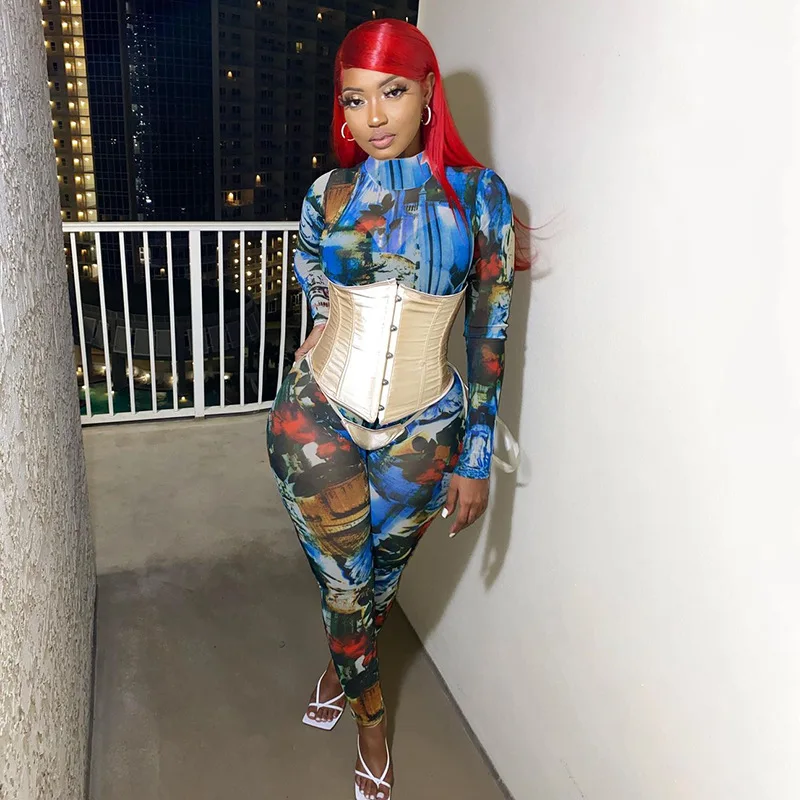 

Cutubly Long Sleeve Sexy Jumpsuit Vintage Print Jumpsuit For Women Autumn Winter Turtleneck Skinny Corset Fashion Rompers