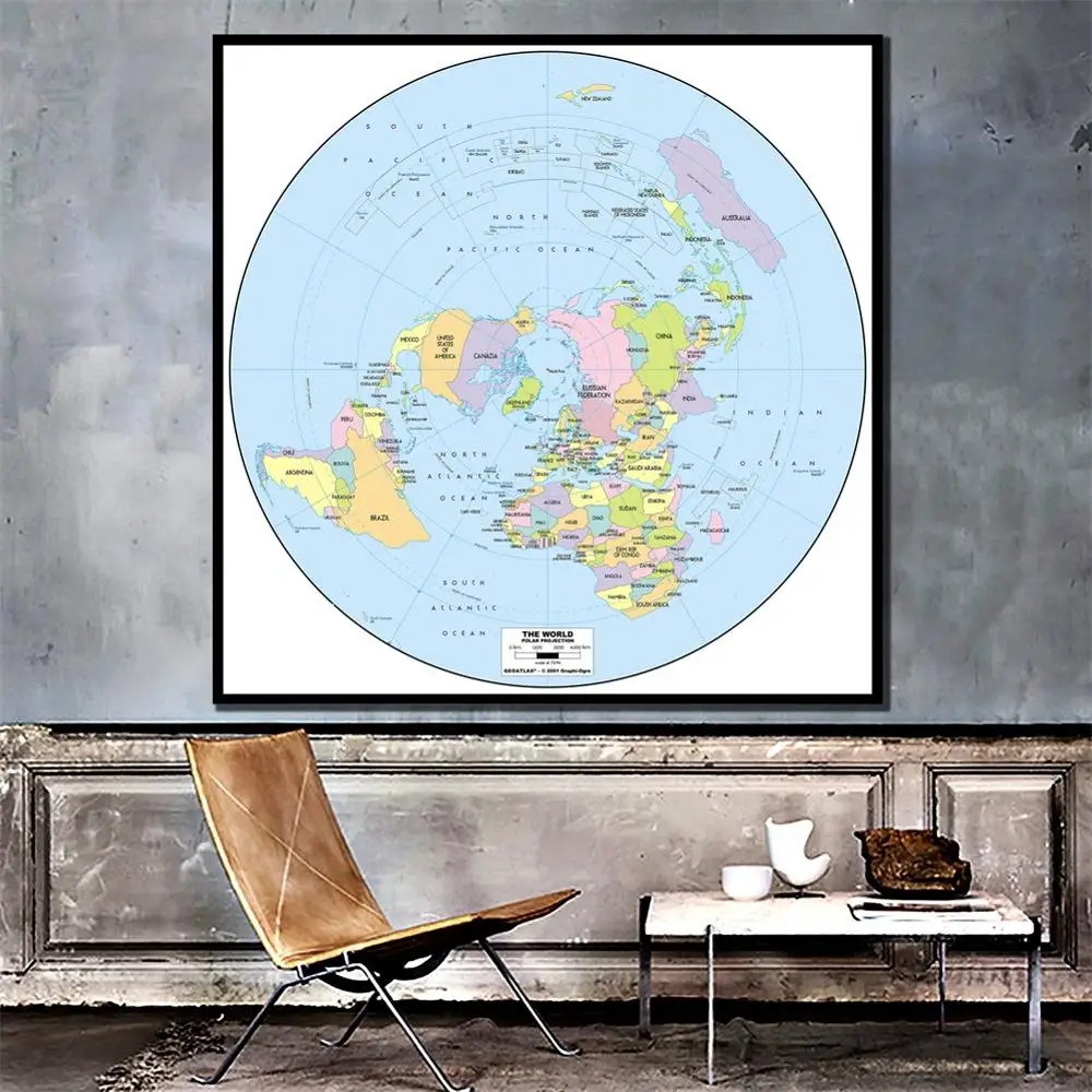 

2 фута х 2 фута карта мира в стиле ретро полярная проекция Картина на холсте настенный художественный плакат для украшения дома гостиной