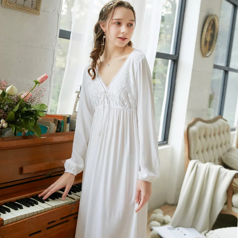 

Long-Sleeved Nightdress Nightgown Female Palace Style V-neck Medieval Princess Loose Long Nightwear Nightgown Solid Sleep Wear