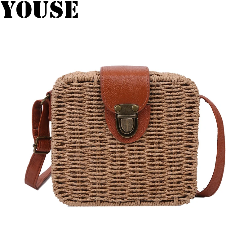 

YOUSE Brand New Lady Straw Woven Bag Casual Lady Shoulder Bag Fashion Woven Small Square Bag Urban Cross-body Bag Party Bags