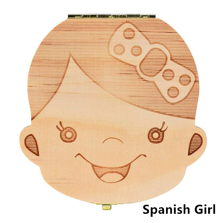 Spanish Girl 1 шт., испанская английская детская деревянная коробка для зубов, органайзер для хранения молочных зубов, для хранения зубов, пуповины, подарки для детей, мальчиков и девочек - Цвет: Spanish Girl