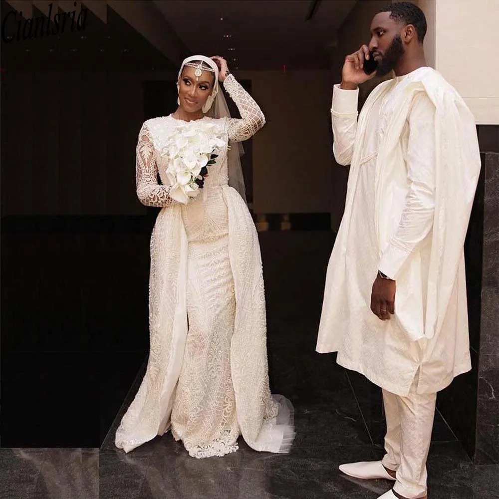 

Muslim Wedding Dresses With Detachable Train Beaded Long Sleeve Arabic Dubai Church Wedding Gowns African Nigeria Bride