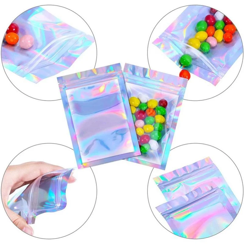 100Pcs Plastic Ziplock Bag Aluminum Foil Hologram Small Water Proof Zipper Reclosable Pouches Makeup Food Storage Zip Lock Bags - купить по