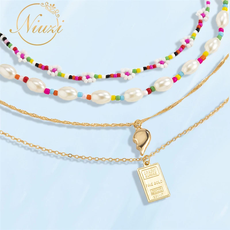 

Korean Fashion Boho Colorful Pearl Necklaces For Women Retro Cute Geometry Love Heart Pendants Necklaces Girls Aesthetic Jewelry