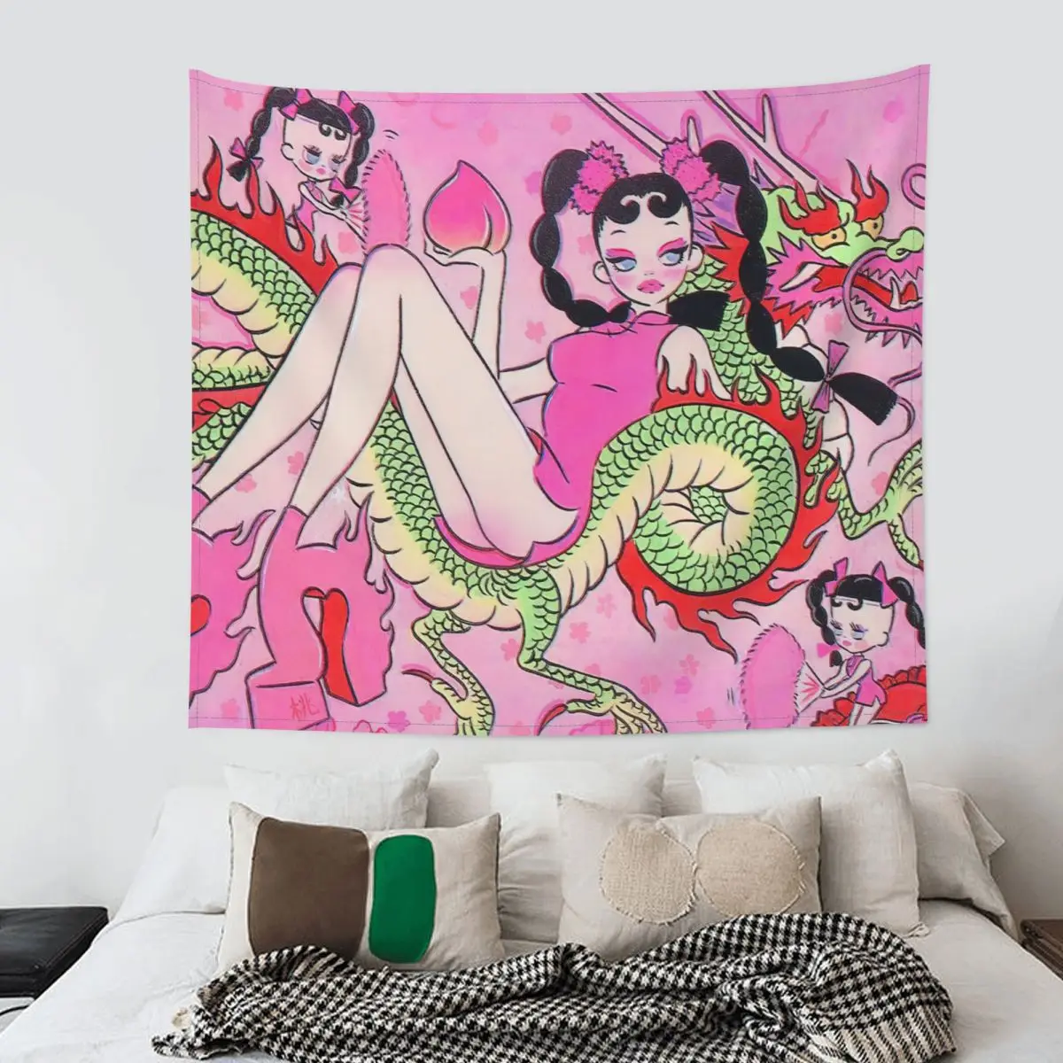 Милый женский розовый гобелен хиппи настенный аниме девушка иллюстрация картина