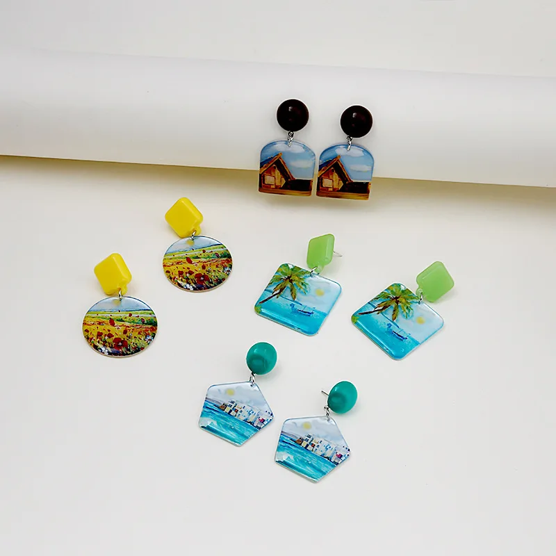 

New Acrylic Earrings for Women Ethnic Style Polygon Resin Oil Painting Tearrings Small Fresh Leaf Acetate Earrings Girl Gift