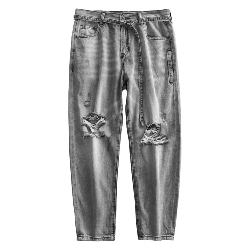 Spring Summer Men Thin Knee Length Jeans Fashion Street Ripped Hole Denim Pants Europe Vintage Grey Trousers With Waistband
