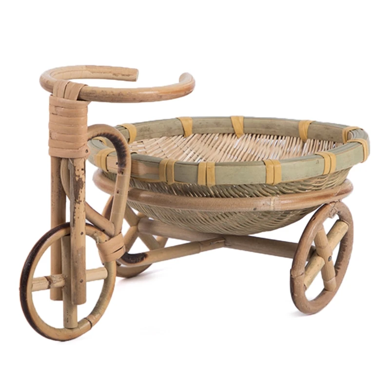 

808B Mini Tricycle Rattan Woven Fruit Basket Bamboo Handmade Wicker Storage Basket for fruit Food Bread Organizer Art Crafts