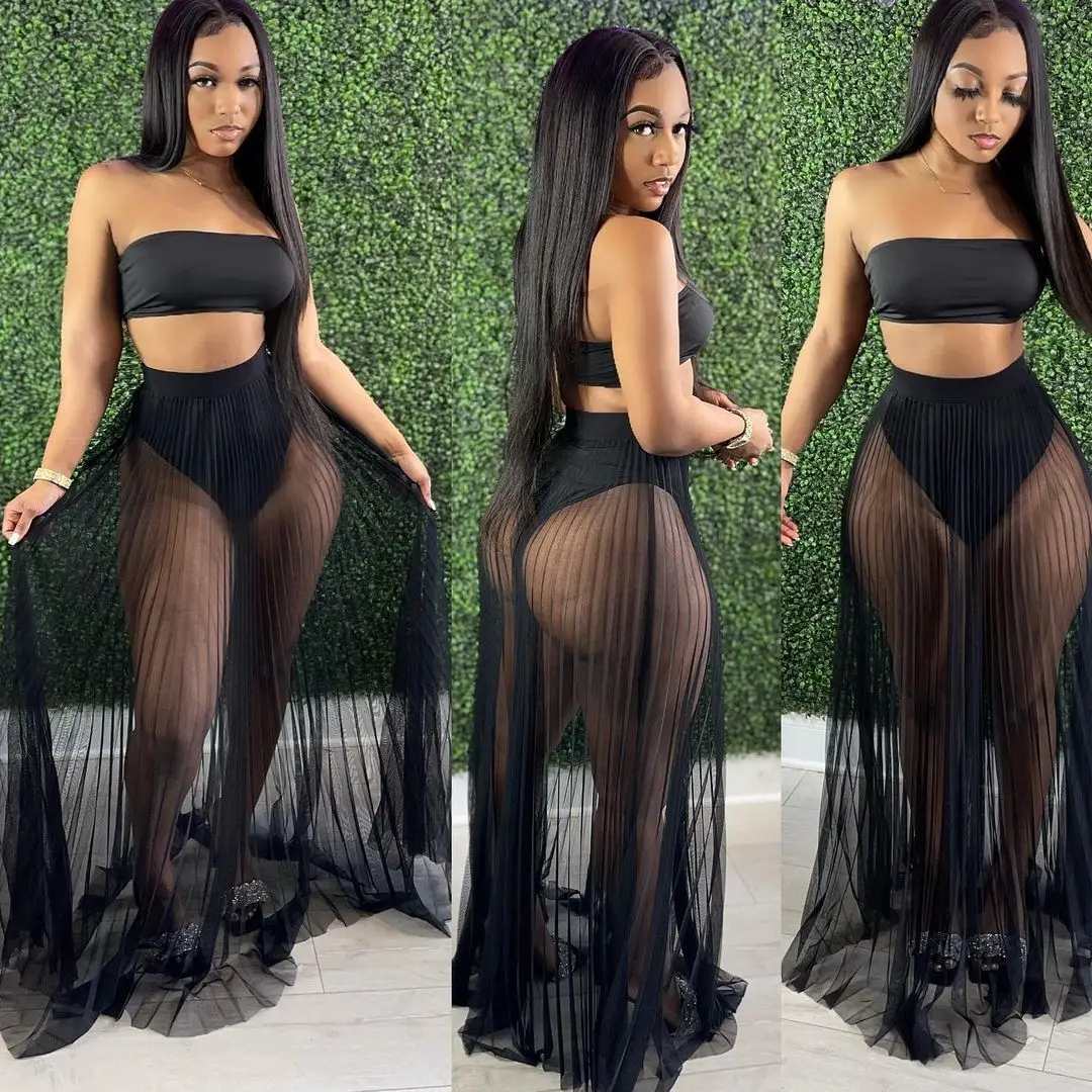 

Echoine Strapless Crop Top Sheer Mesh See Through Pleated Long Skirt Two Piece Set Beach Vacation Holidays Summer Matching Set