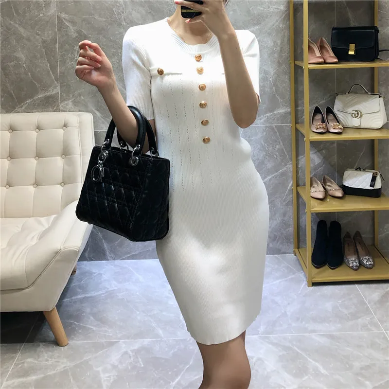 Bodycon Knitted O-neck Casual Collar White and Black Mini Short Sleeve Women khaki Pencil Dress Autumn | Женская одежда