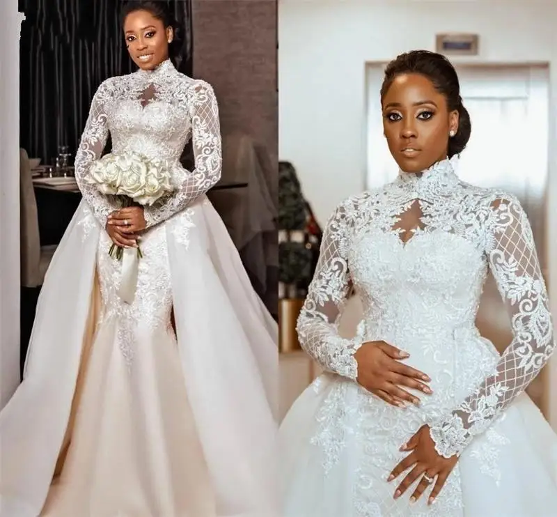 

Detachable Train Mermaid Long Sleeve Wedding Dresses Tulle Lace Beaded Crystal Luxury Formal Bridal Gowns Custom Size