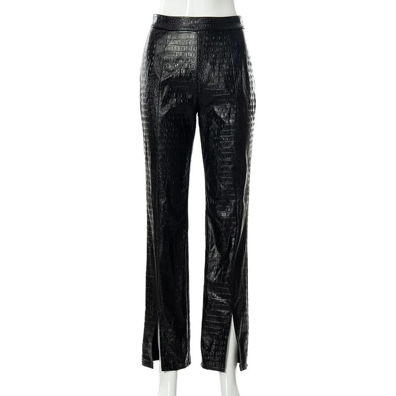 

Straight Fashion Women PU Leather Pants Texture Back Zipper Split Slim Moto Club Party Long Trousers Female Hot Streetwear