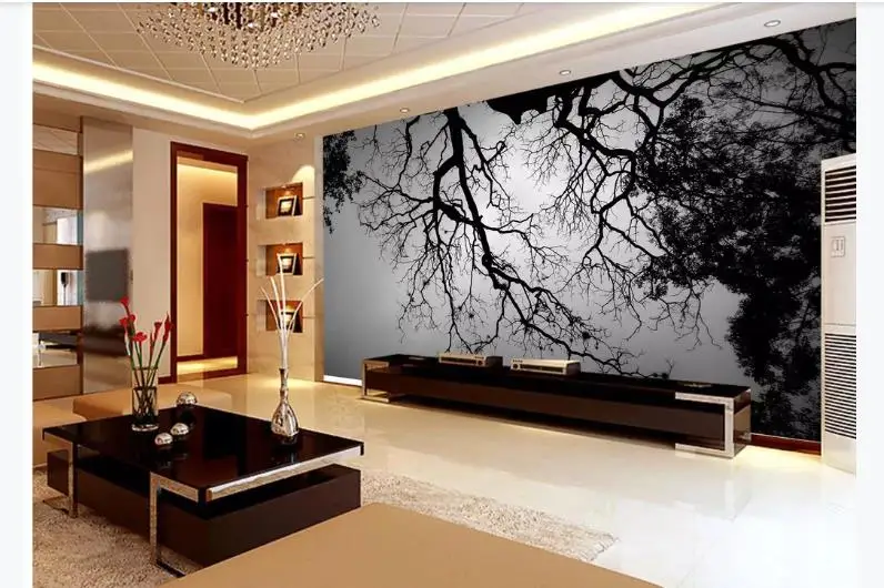 Настенные фрески на заказ обои черного цвета с рисунком листьев дерева в