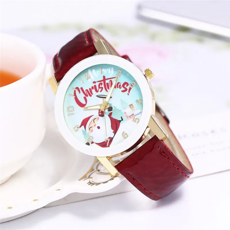 2020 модные часы для женщин женские стеклянные Санта-Клаус шаблон кожаный ремешок