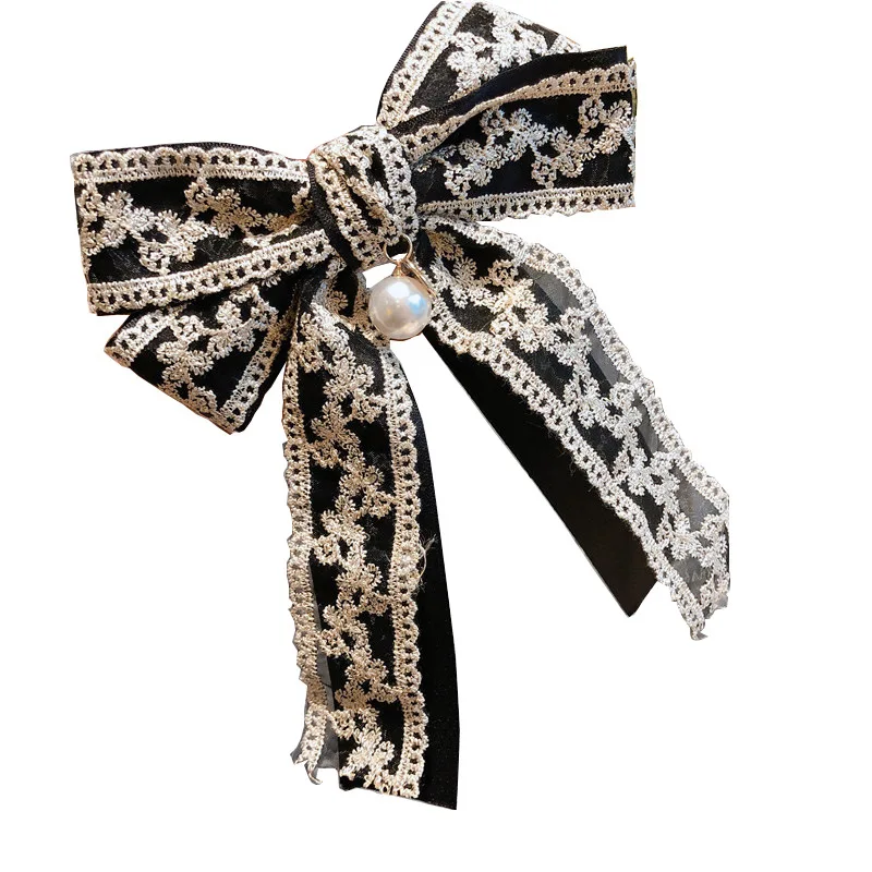 

Korean version of hair trim clip 2021 spring double lace bow spring clip palace style top clip embroidery