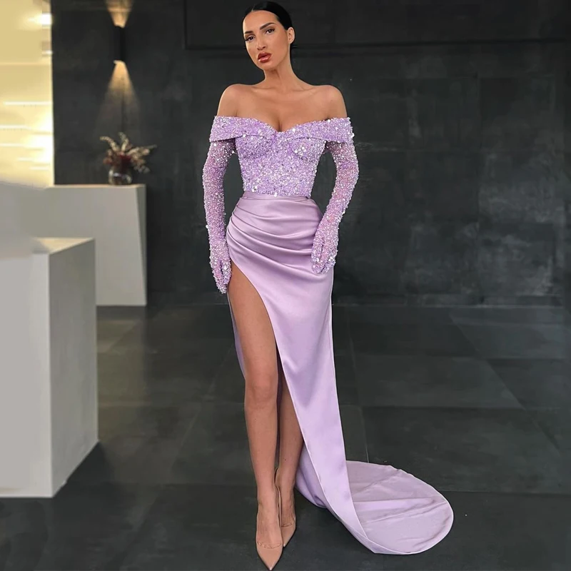 

Thinyfull Sexy Prom Dresses Off The Shoulder Mermaid Evening Dress High Split Beadings Sequines Cocktail Party Gowns Plus Size