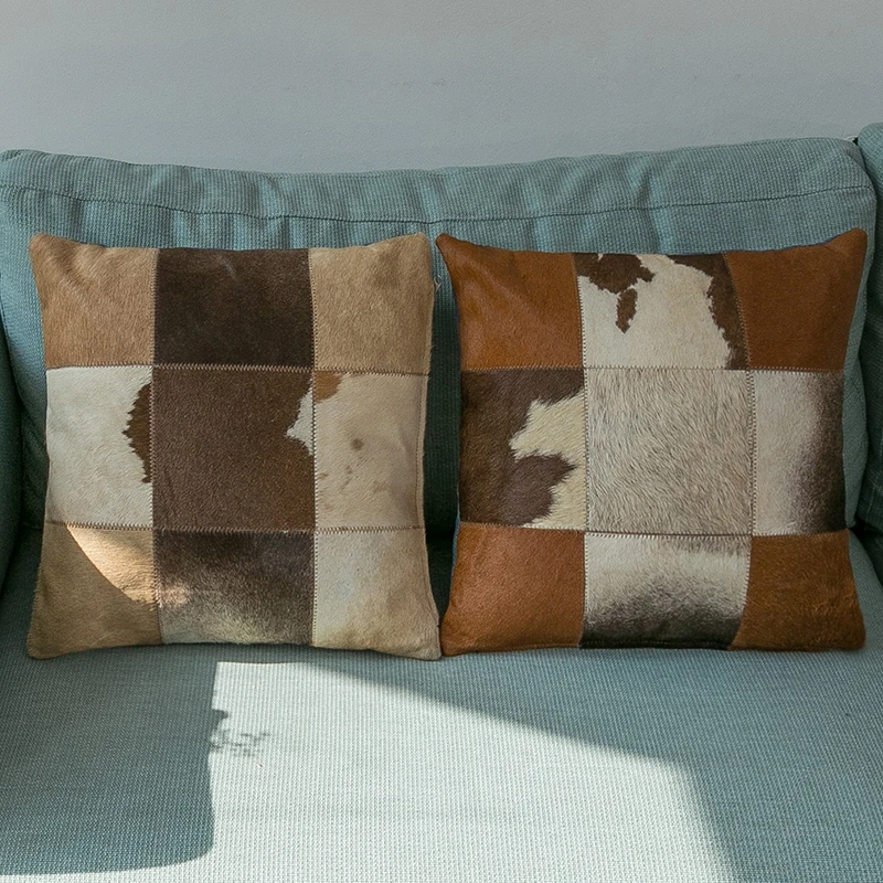 

American Style Natural Cowhide Pillow Fur Cushion Brown Fur Cover, Patchwork Leather Pillowcase 45x45cm without filler