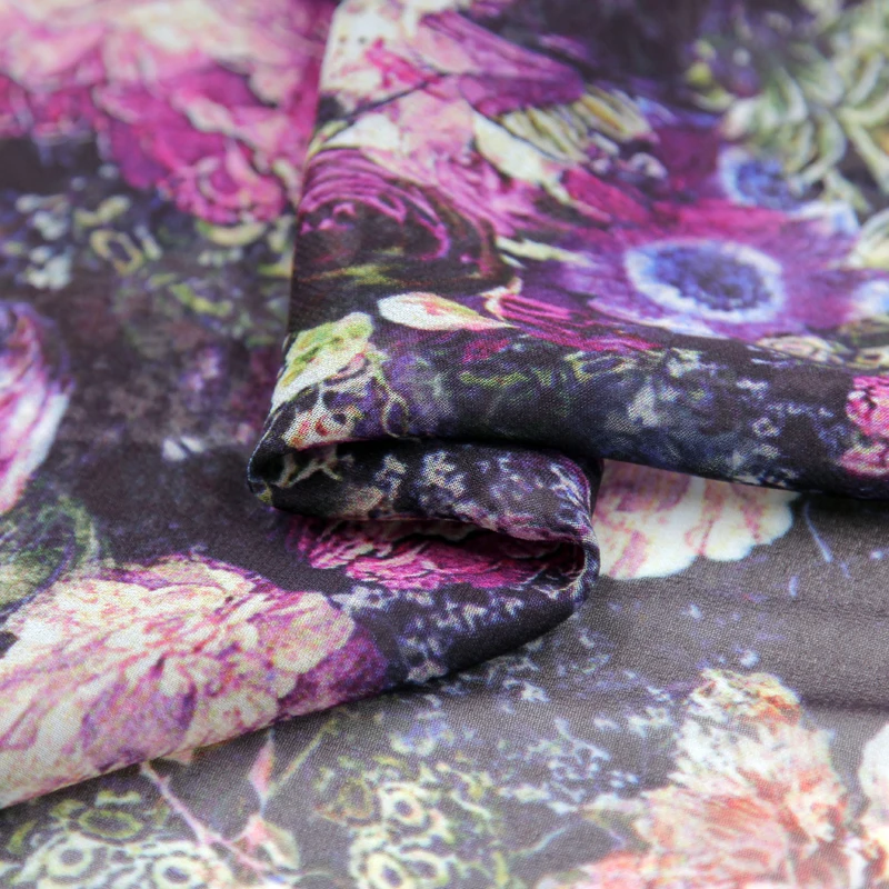 Фиолетовый цветочный принт 100% шелк жоржет Марля шелковая ткань 136 см ширина