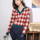 Модный клетчатый винтажный женский свитер, пуловеры, топы на каждый день, осень, v-образный вырез, длинный рукав, элегантный женский милый вязаный свитер