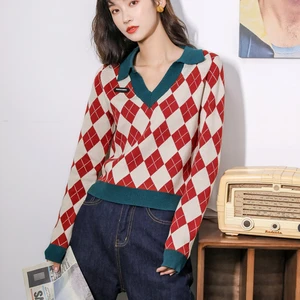 Модный клетчатый винтажный женский свитер, пуловеры, топы на каждый день, осень, v-образный вырез, длинный рукав, элегантный женский милый вязаный свитер