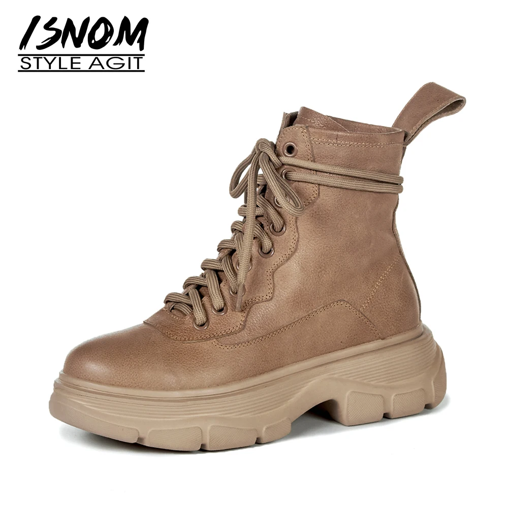 

ISNOM Women Cow Leather Ankle Boots Zip Round Toe Warm Fur Cross Tied Fashion Thick Platform Skid Proof Winter Boots 2020 New