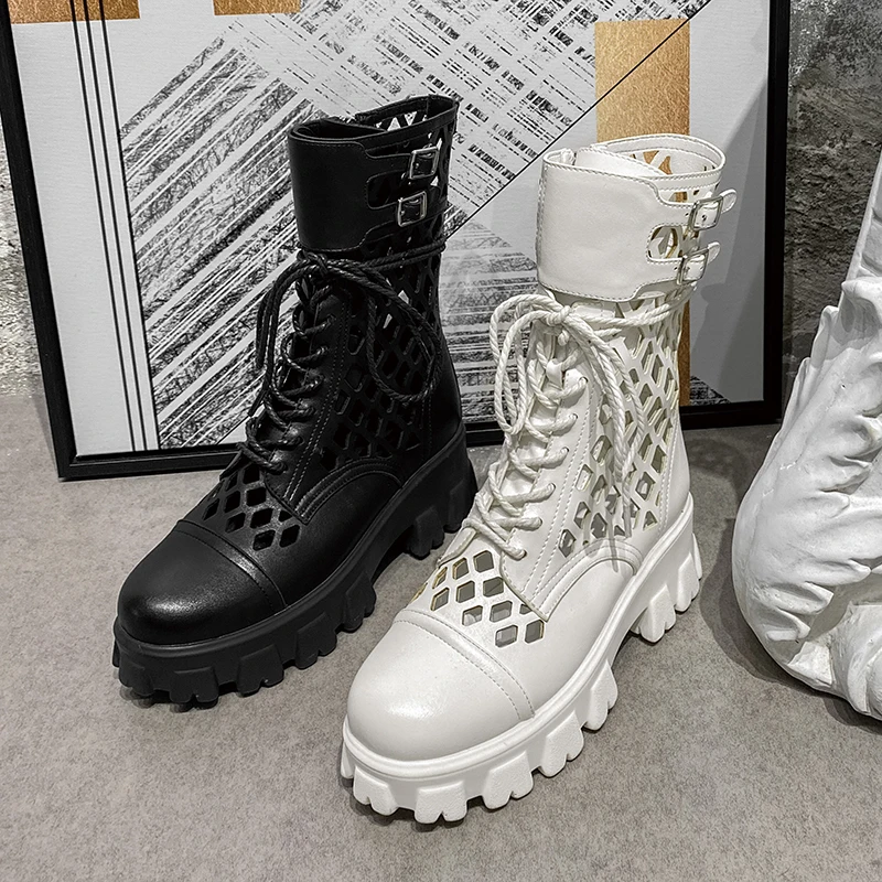 

Leather Martin mid-tube women's boots spring and summer new all-match black sandals hollow lace-up platform X790