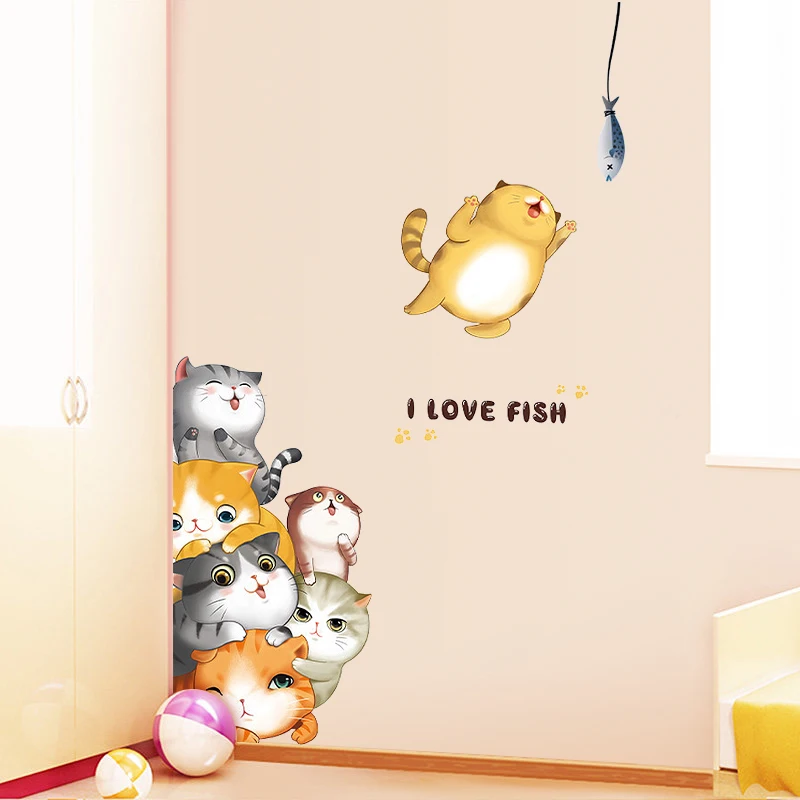 

Cartoon Cat Fish Wall Stickers TV Sofa Background Home Decor Childrens Room Decoration Toy Bedroom Kitchen Poster Self-Adhesive
