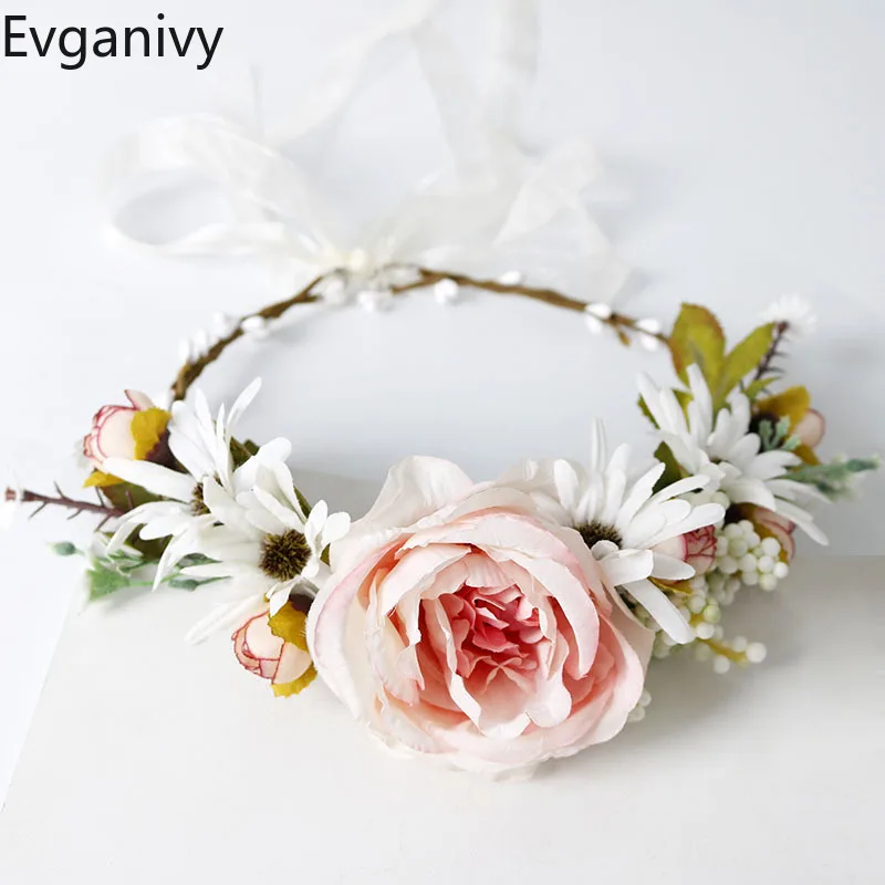 

Artificial Flower Wreath Bride Women Flower Crown Hair Band Wedding Floral Headband Garland Ribbon Girl Hair Accessorie