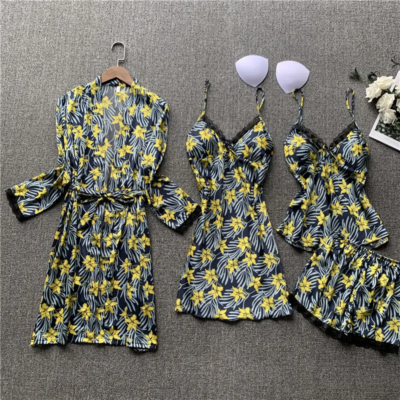 Женские пижамные комплекты сексуальные атласные кружевные шелковые пижамы 4