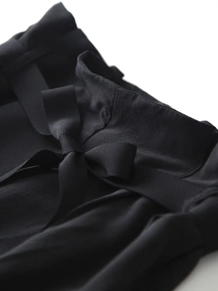 2021 Fashion Frontier Temperament Commuting Pure Silk Broad Leg Trousers Belt Flower Bud Women's Paper Bag Pants