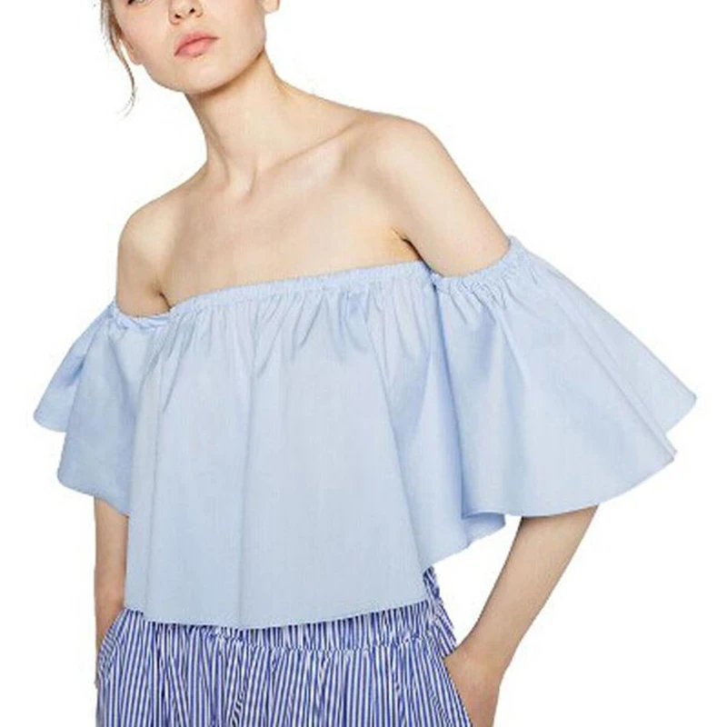 

Women Semi Flare Sleeve Top Off Shoulder Ruffle Crop Top Cropped T-shirt TC21