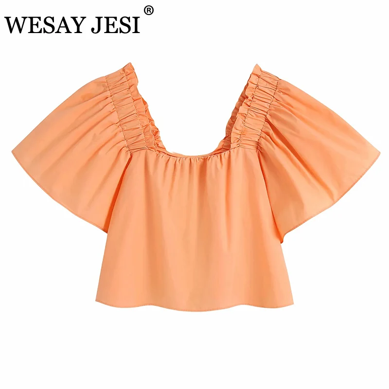 

WESAY JESI 2021 Spring New Women's Top Puff Sleeve Poplin Off-the-shoulder Slim Top Pullover Fashion Retro Temperament Daily Top