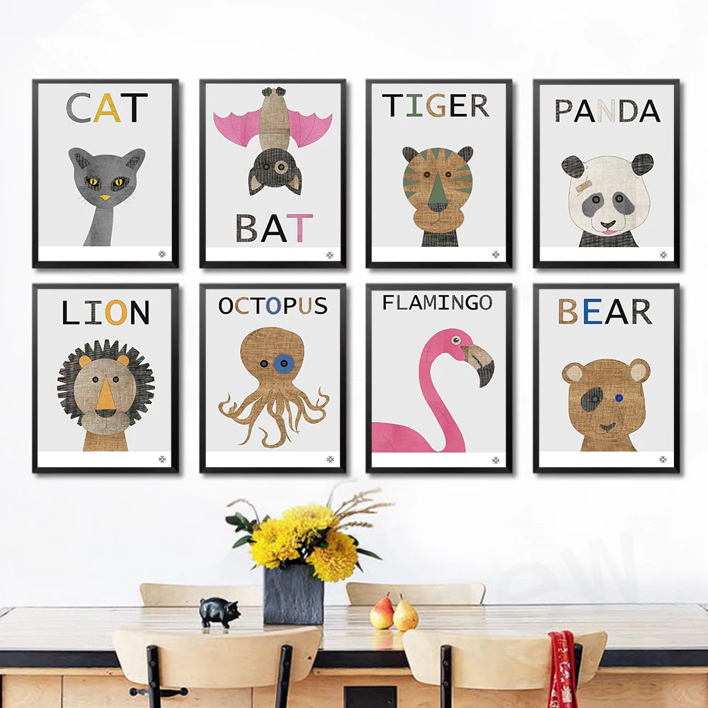 

Fabric Animal Poster Nursery Cartoon Canvas Painting Bat Lion Tiger Panda Octopus Wall Art Print Nordic Pictures Baby Room Decor