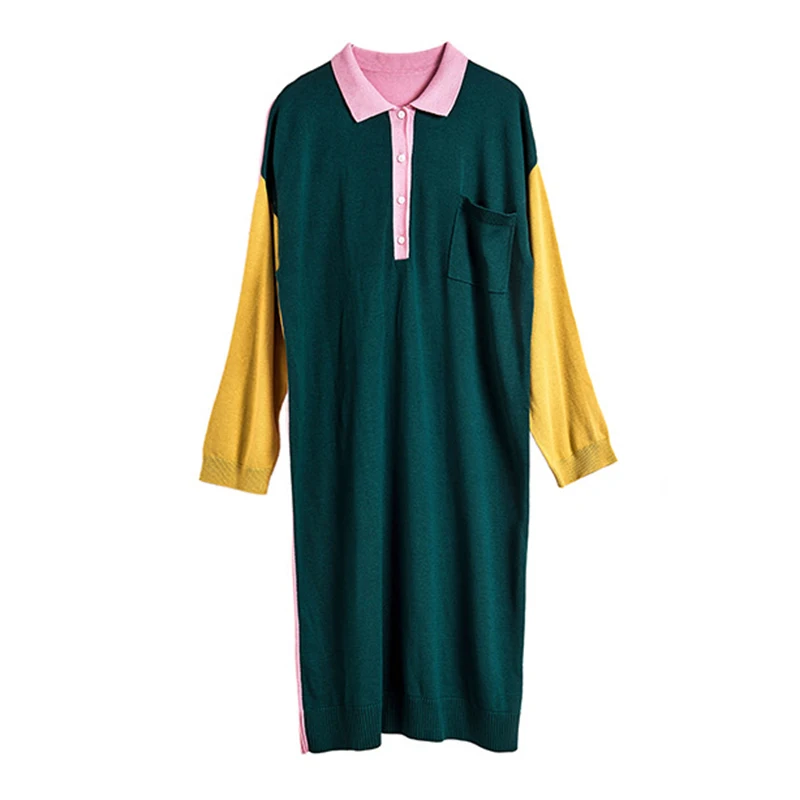 

TWOTWINSTYLE Casual Patchwork Hit Color Dress For Women Lapel Collar Long Sleeve Loose Korean Dresses Female 2020 Autumn New