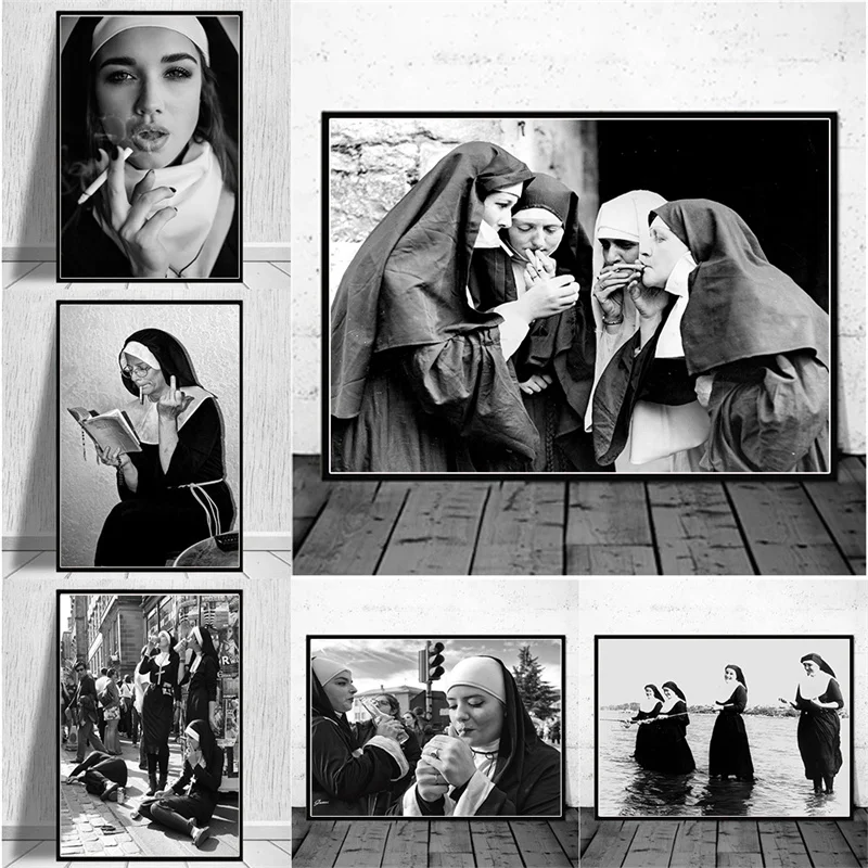 

Smoking Nuns Poster Funny Nuns Canvas Print Black and White Wall Art Pictures for Living Room Home Decoration Painting